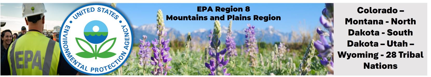 EPA personnel briefing the public, the EPA logo, and a landscape scene of the mountains.